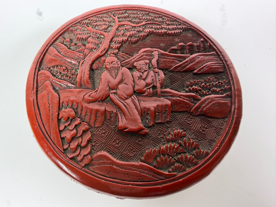 Antique Chinese Qing Dynasty Scholars Landscape Deep Carved Cinnabar Lacquer Covered Round Trinket Box 4'W X 1.75'H [Photo 2]