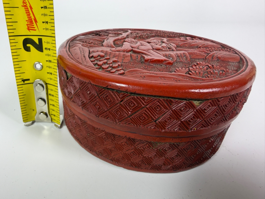 Antique Chinese Qing Dynasty Scholars Landscape Deep Carved Cinnabar Lacquer Covered Round Trinket Box 4'W X 1.75'H [Photo 7]