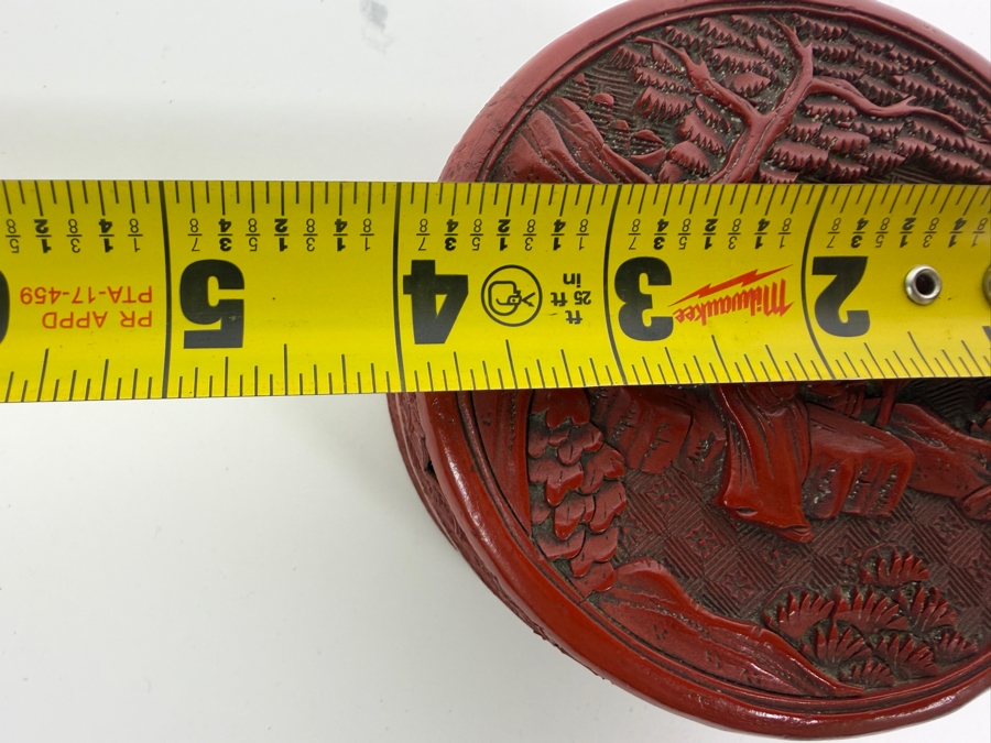 Antique Chinese Qing Dynasty Scholars Landscape Deep Carved Cinnabar Lacquer Covered Round Trinket Box 4'W X 1.75'H [Photo 6]