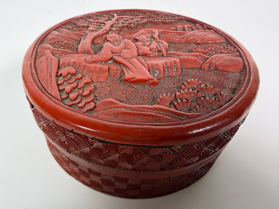 Antique Chinese Qing Dynasty Scholars Landscape Deep Carved Cinnabar Lacquer Covered Round Trinket Box 4'W X 1.75'H [Photo 3]