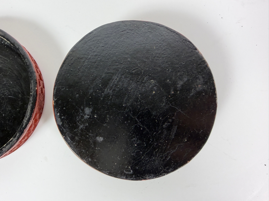 Antique Chinese Qing Dynasty Scholars Landscape Deep Carved Cinnabar Lacquer Covered Round Trinket Box 4'W X 1.75'H [Photo 5]