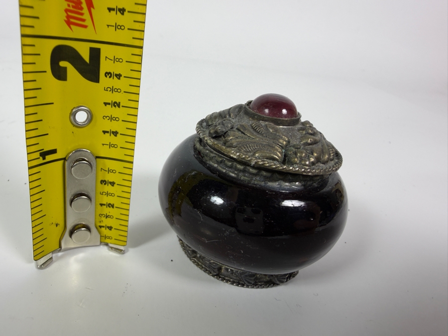 Antique Victorian Style Amethyst Purple Glass Cast Brass Repousse Inset Pink Tourmaline Cabochon Lidded Inkwell Trinket Pot Jar 1.5'H [Photo 7]