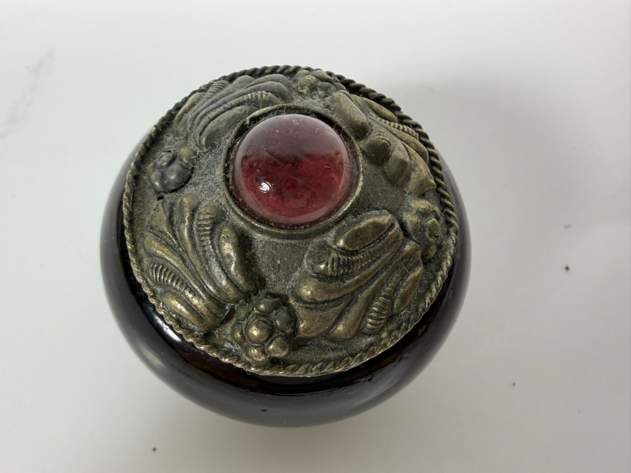 Antique Victorian Style Amethyst Purple Glass Cast Brass Repousse Inset Pink Tourmaline Cabochon Lidded Inkwell Trinket Pot Jar 1.5'H [Photo 3]