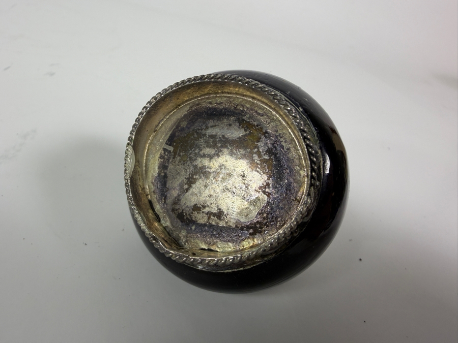 Antique Victorian Style Amethyst Purple Glass Cast Brass Repousse Inset Pink Tourmaline Cabochon Lidded Inkwell Trinket Pot Jar 1.5'H [Photo 5]