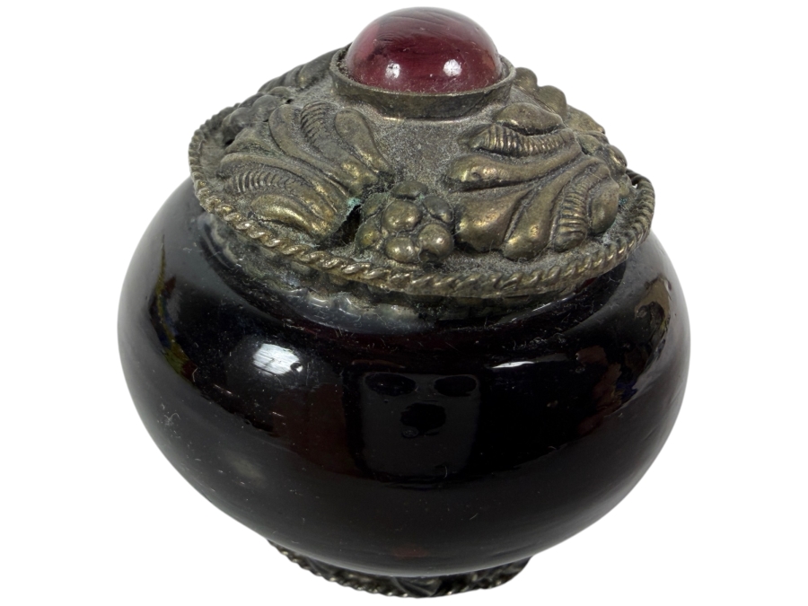 Antique Victorian Style Amethyst Purple Glass Cast Brass Repousse Inset Pink Tourmaline Cabochon Lidded Inkwell Trinket Pot Jar 1.5'H
