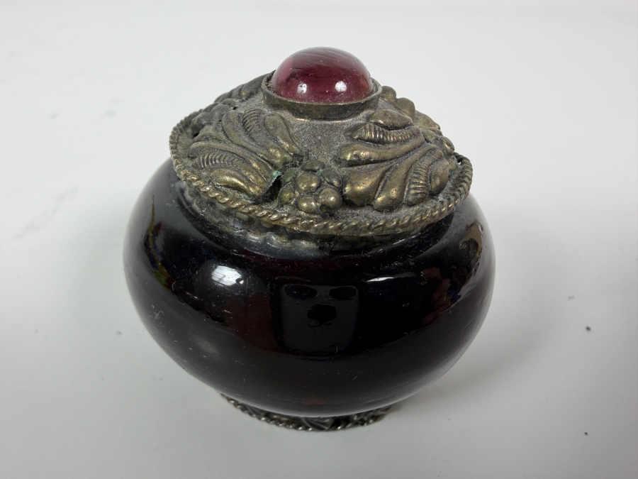 Antique Victorian Style Amethyst Purple Glass Cast Brass Repousse Inset Pink Tourmaline Cabochon Lidded Inkwell Trinket Pot Jar 1.5'H [Photo 2]