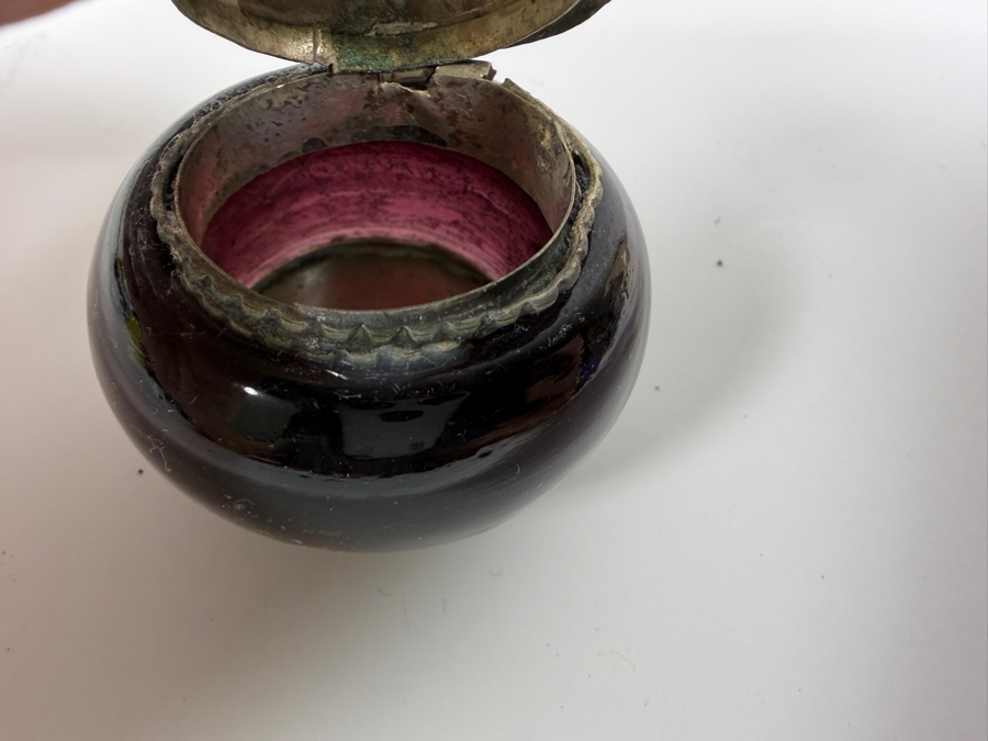 Antique Victorian Style Amethyst Purple Glass Cast Brass Repousse Inset Pink Tourmaline Cabochon Lidded Inkwell Trinket Pot Jar 1.5'H [Photo 6]