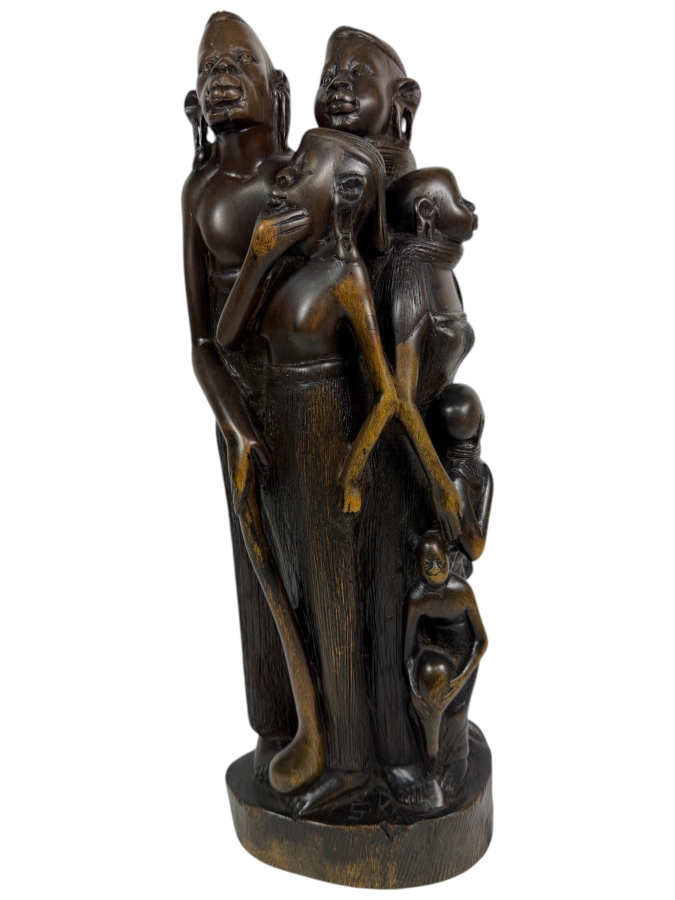 Vintage East African Makonde Hand Carved Dark Ebony Wood Dama Family Tree Unit Of Life Interlocking Tribal Figures Sculpture 15'H