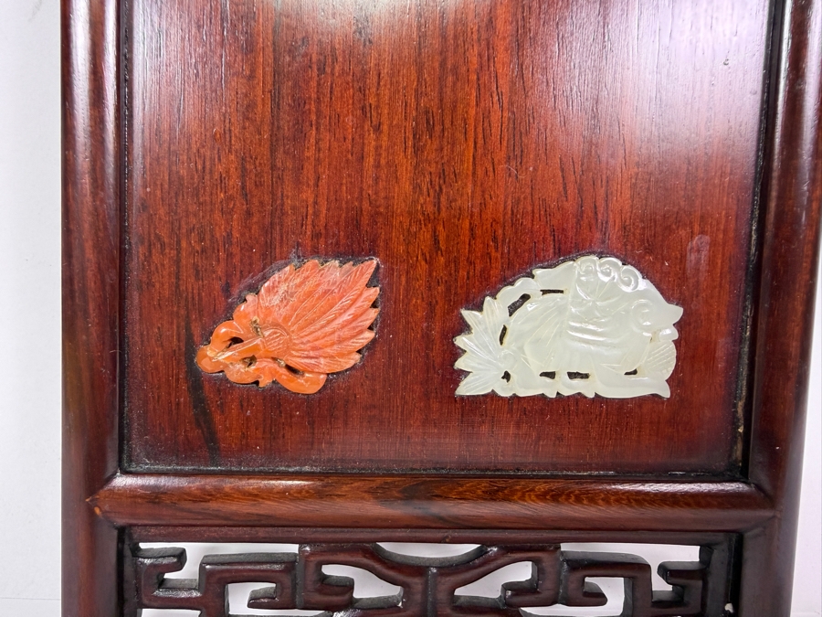 Vintage Chinese Hardwood Wall Hanging Panel Plaque Inset Carved Jade Malachite Carnelian Stones 5'W X 15'H [Photo 4]