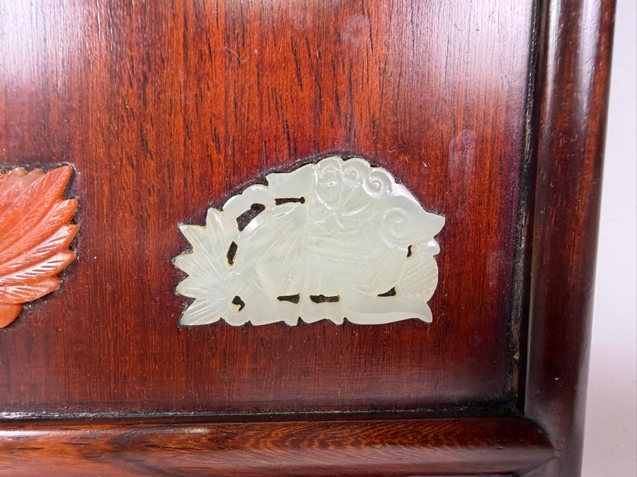 Vintage Chinese Hardwood Wall Hanging Panel Plaque Inset Carved Jade Malachite Carnelian Stones 5'W X 15'H [Photo 5]