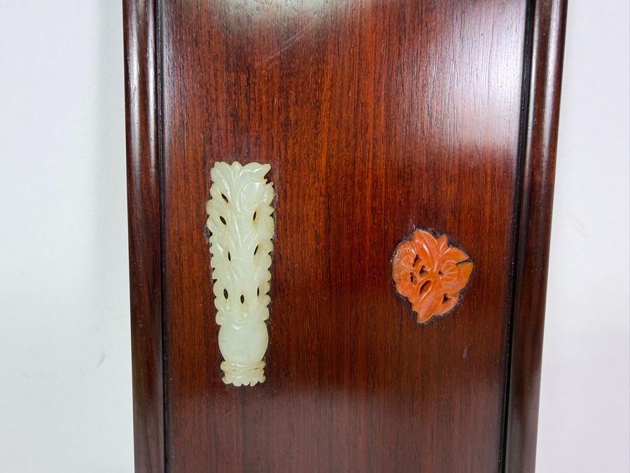 Vintage Chinese Hardwood Wall Hanging Panel Plaque Inset Carved Jade Malachite Carnelian Stones 5'W X 15'H [Photo 3]