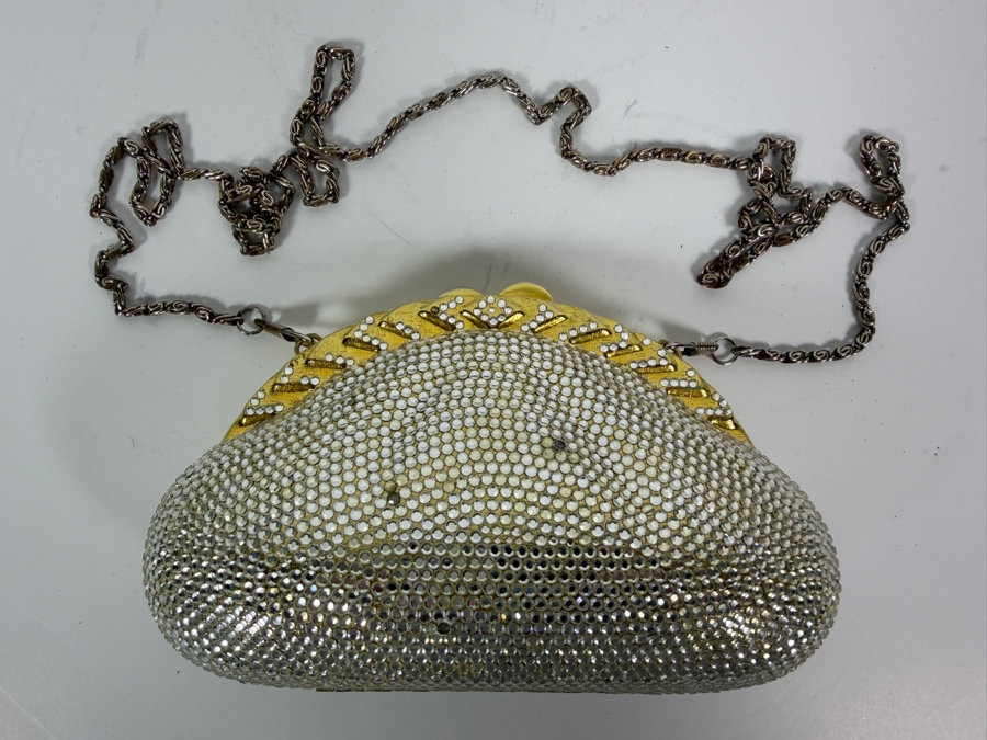 Vintage Judith Leiber Style Full Bead Crystal Rhinestone Gold Frame Minaudiere Evening Clutch Purse Bag With Chain Strap 7'W [Photo 2]