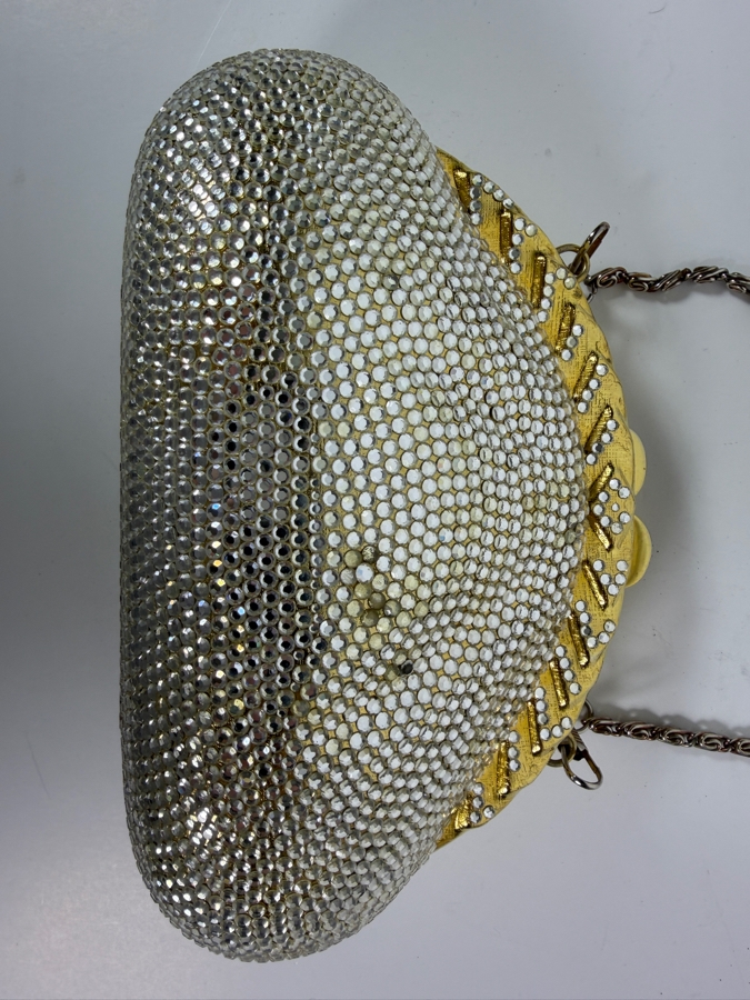 Vintage Judith Leiber Style Full Bead Crystal Rhinestone Gold Frame Minaudiere Evening Clutch Purse Bag With Chain Strap 7'W [Photo 3]