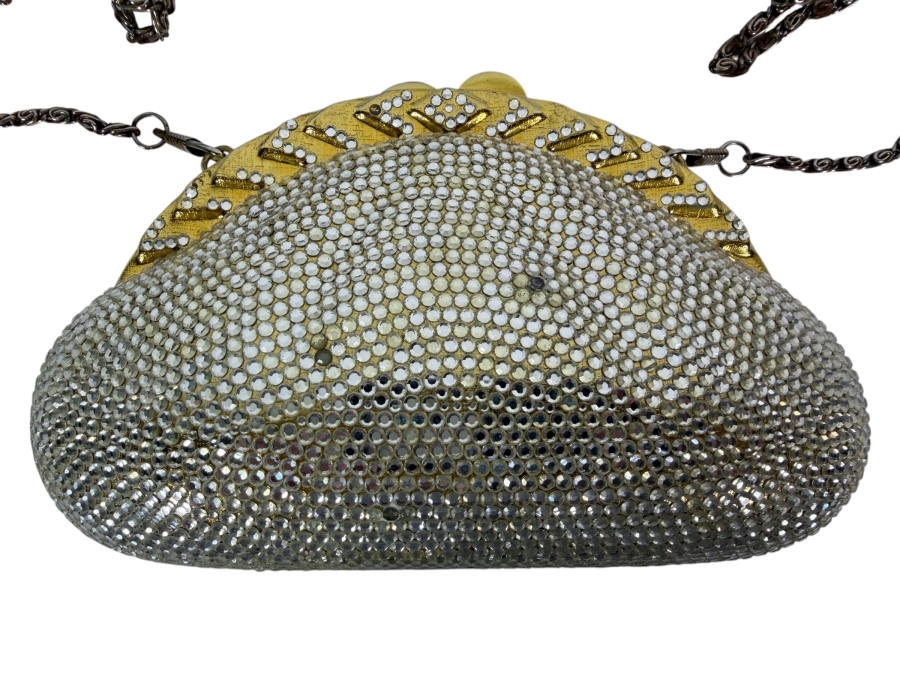 Vintage Judith Leiber Style Full Bead Crystal Rhinestone Gold Frame Minaudiere Evening Clutch Purse Bag With Chain Strap 7'W