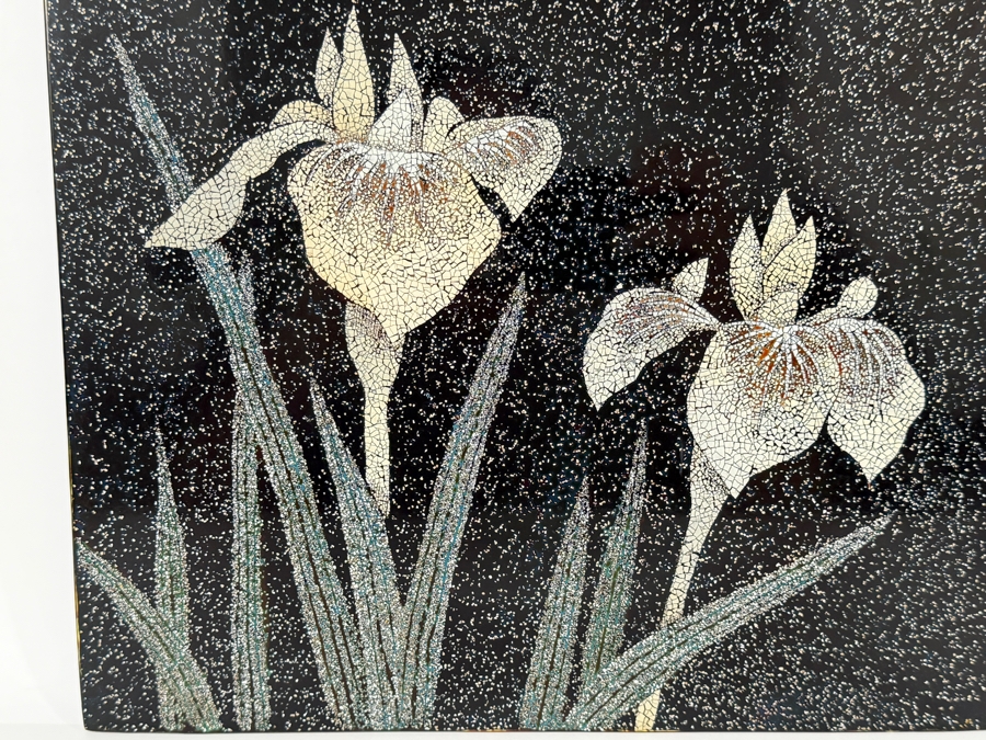 Vintage Mid-Century Modern Japanese Rankin Style Eggshell Crackle Lacquer Iris Flower Panel Wooden Wall Plaque 12'H [Photo 3]