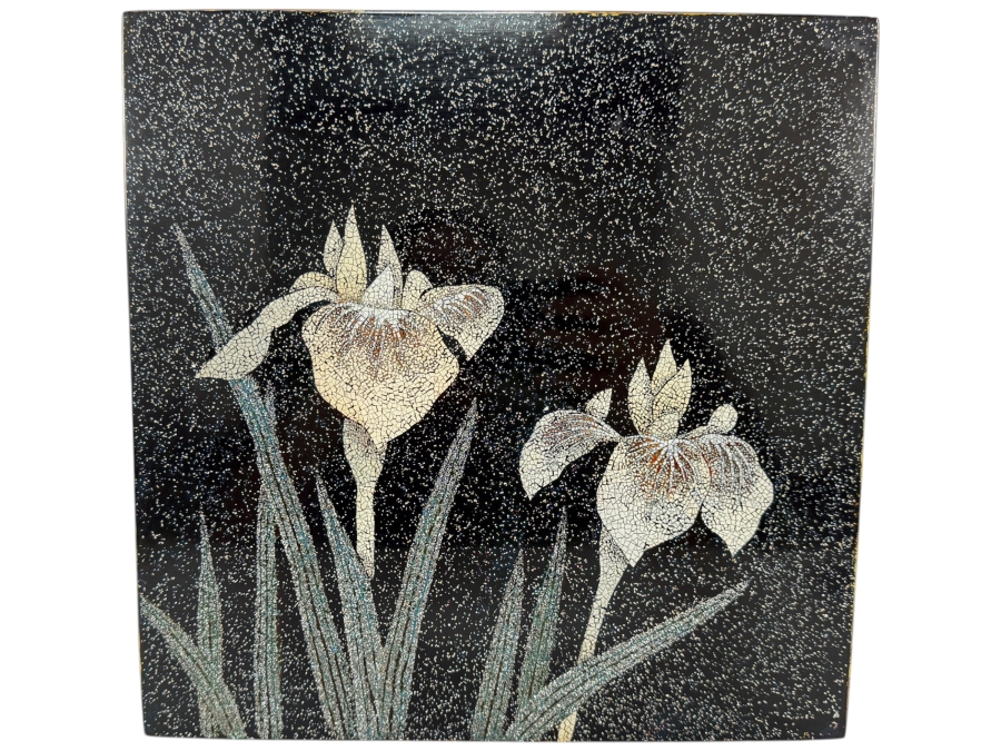 Vintage Mid-Century Modern Japanese Rankin Style Eggshell Crackle Lacquer Iris Flower Panel Wooden Wall Plaque 12'H