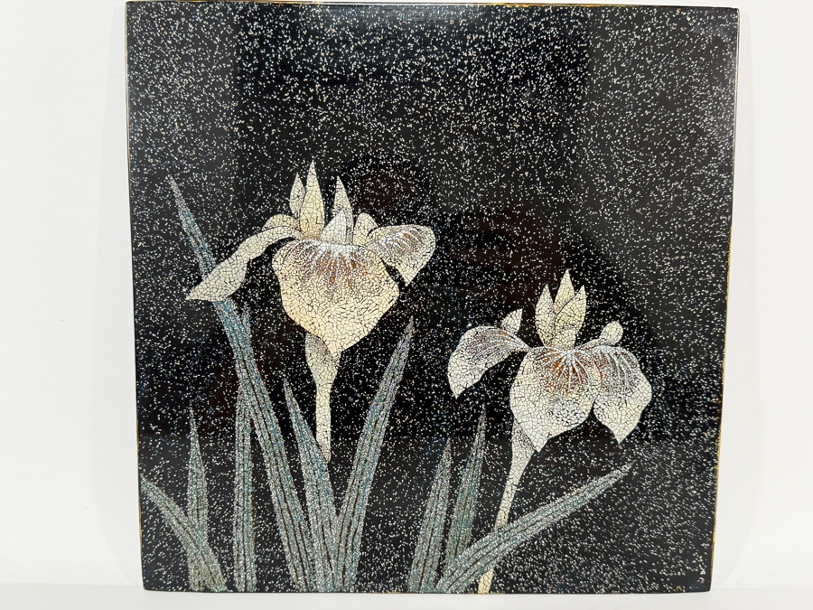 Vintage Mid-Century Modern Japanese Rankin Style Eggshell Crackle Lacquer Iris Flower Panel Wooden Wall Plaque 12'H [Photo 2]