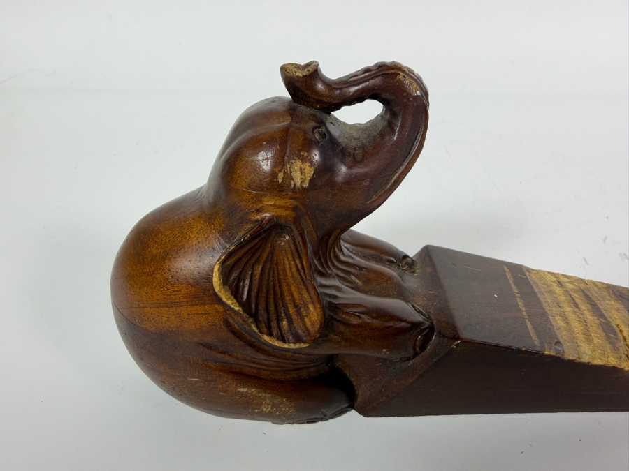 Vintage Hand Carved Solid Wood Lucky Trunk Up Sitting Elephant Wedge Door Stop Wedge Block Figurine 8'W [Photo 3]