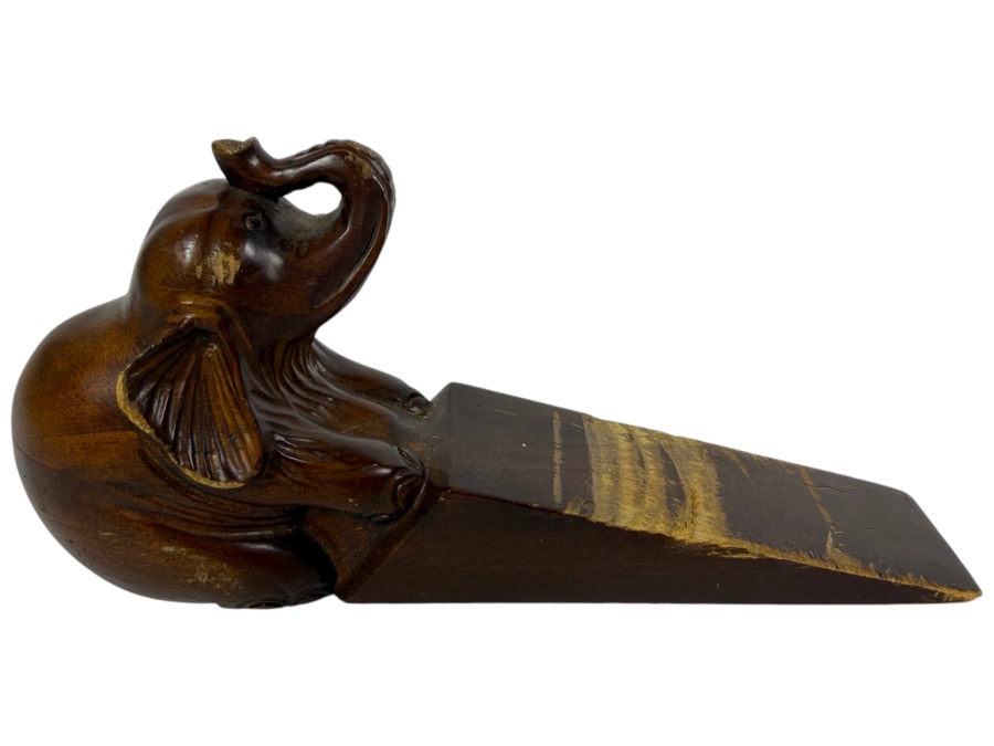 Vintage Hand Carved Solid Wood Lucky Trunk Up Sitting Elephant Wedge Door Stop Wedge Block Figurine 8'W