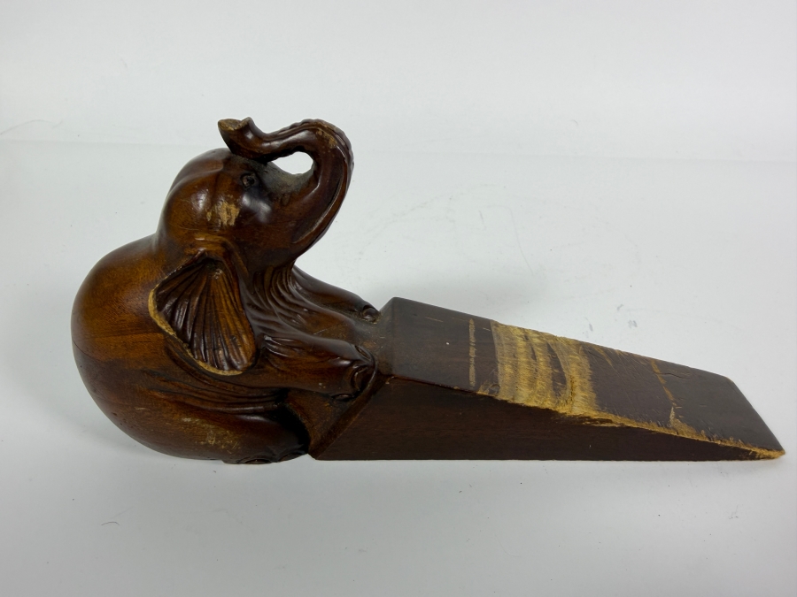 Vintage Hand Carved Solid Wood Lucky Trunk Up Sitting Elephant Wedge Door Stop Wedge Block Figurine 8'W [Photo 2]