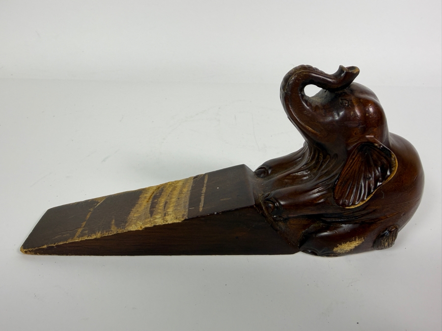 Vintage Hand Carved Solid Wood Lucky Trunk Up Sitting Elephant Wedge Door Stop Wedge Block Figurine 8'W [Photo 5]