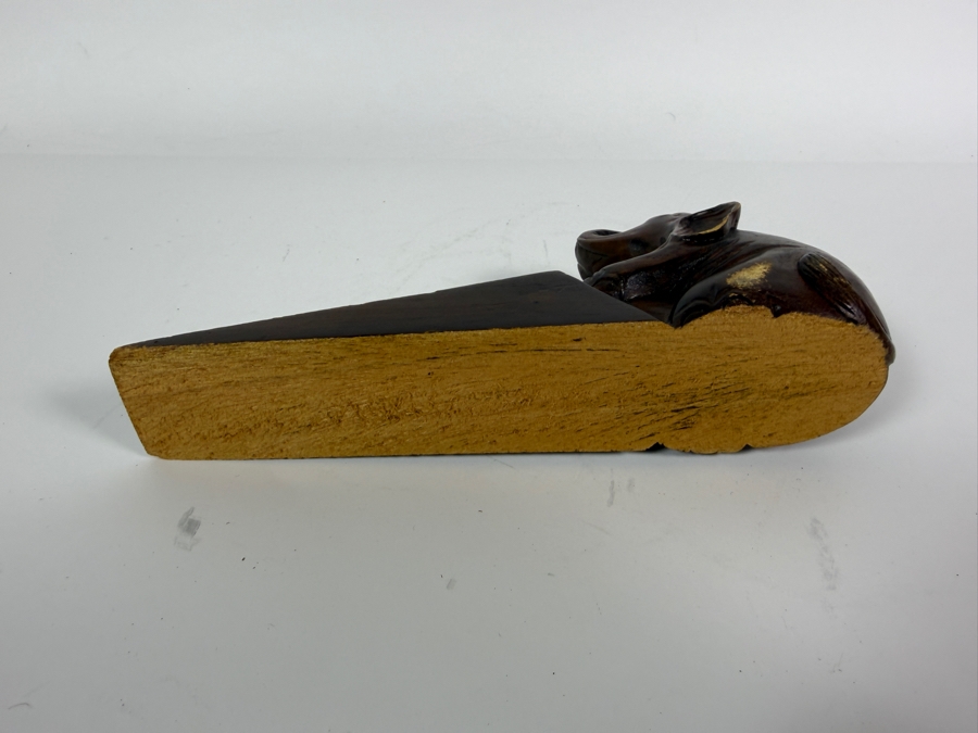 Vintage Hand Carved Solid Wood Lucky Trunk Up Sitting Elephant Wedge Door Stop Wedge Block Figurine 8'W [Photo 7]
