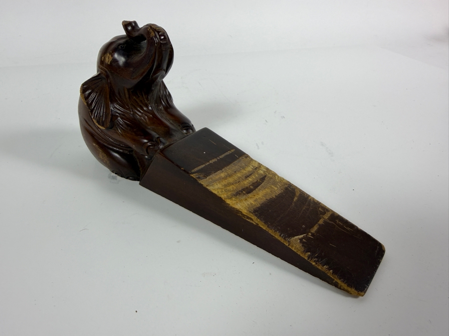 Vintage Hand Carved Solid Wood Lucky Trunk Up Sitting Elephant Wedge Door Stop Wedge Block Figurine 8'W [Photo 4]