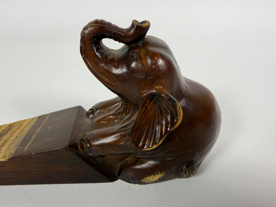 Vintage Hand Carved Solid Wood Lucky Trunk Up Sitting Elephant Wedge Door Stop Wedge Block Figurine 8'W [Photo 6]