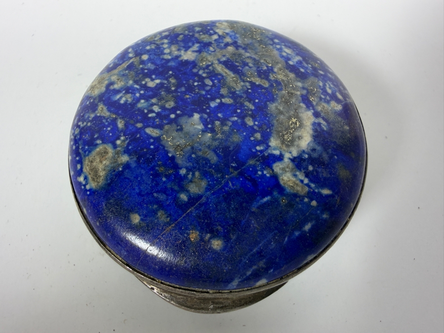 Vintage Signed Sterling Silver Fine Genuine Polished Deep Blue Lapis Lazuli Domed Cabochon Inset Round Hinged Pill Powder Compact Trinket Box 1.5'H 32g [Photo 2]