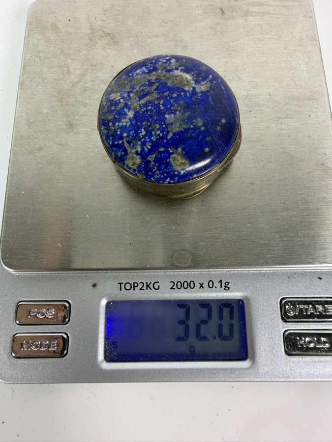 Vintage Signed Sterling Silver Fine Genuine Polished Deep Blue Lapis Lazuli Domed Cabochon Inset Round Hinged Pill Powder Compact Trinket Box 1.5'H 32g [Photo 7]