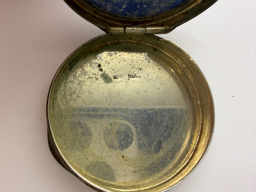 Vintage Signed Sterling Silver Fine Genuine Polished Deep Blue Lapis Lazuli Domed Cabochon Inset Round Hinged Pill Powder Compact Trinket Box 1.5'H 32g [Photo 4]
