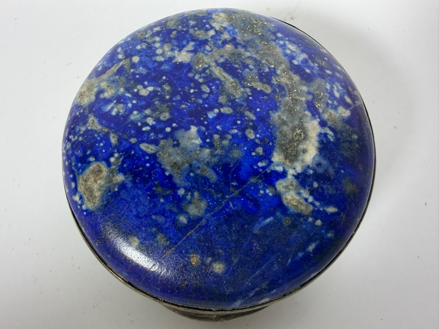 Vintage Signed Sterling Silver Fine Genuine Polished Deep Blue Lapis Lazuli Domed Cabochon Inset Round Hinged Pill Powder Compact Trinket Box 1.5'H 32g [Photo 3]