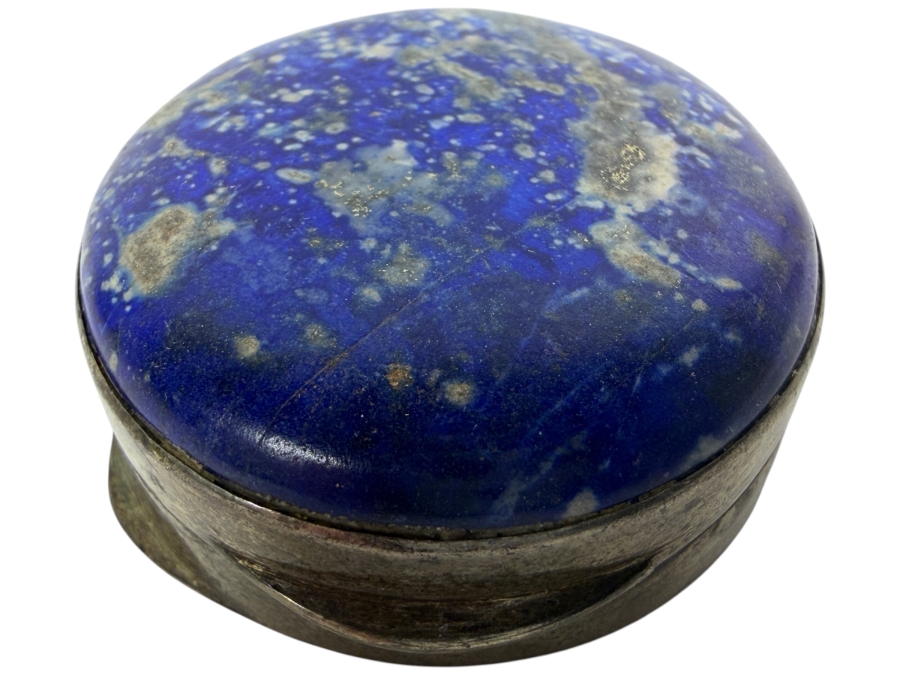 Vintage Signed Sterling Silver Fine Genuine Polished Deep Blue Lapis Lazuli Domed Cabochon Inset Round Hinged Pill Powder Compact Trinket Box 1.5'H 32g