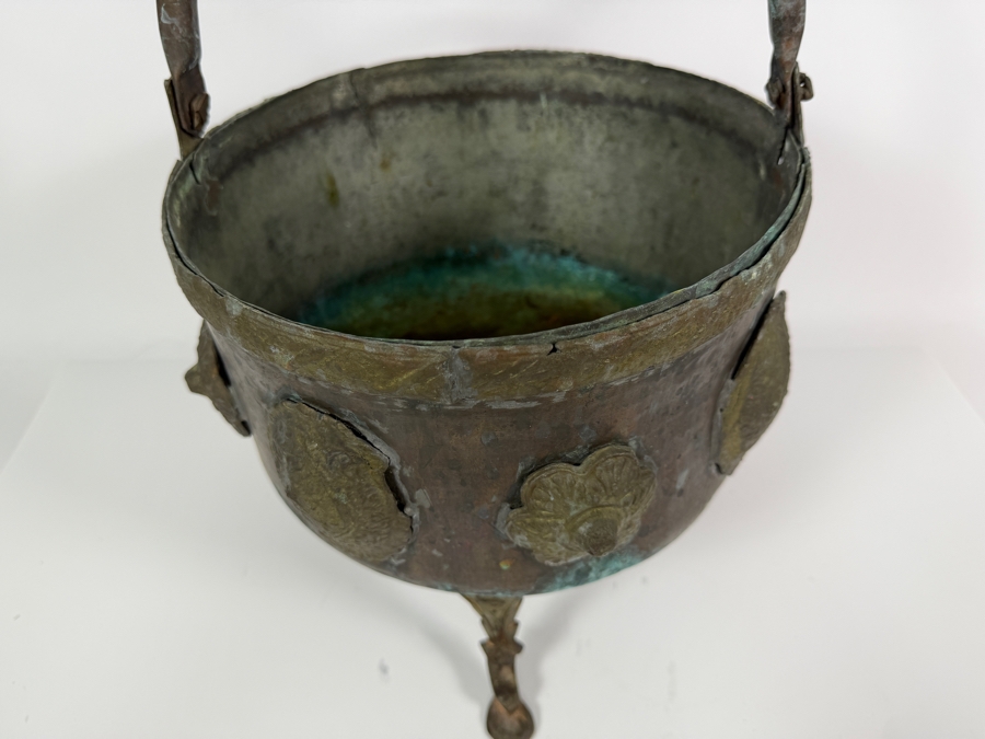 Antique Renaissance Revival Hammered Copper Lion Paw Footed Hearth Coal Hod Ash Bucket Kettle With Brass Repousse Medallions 10'W X 10'H [Photo 5]
