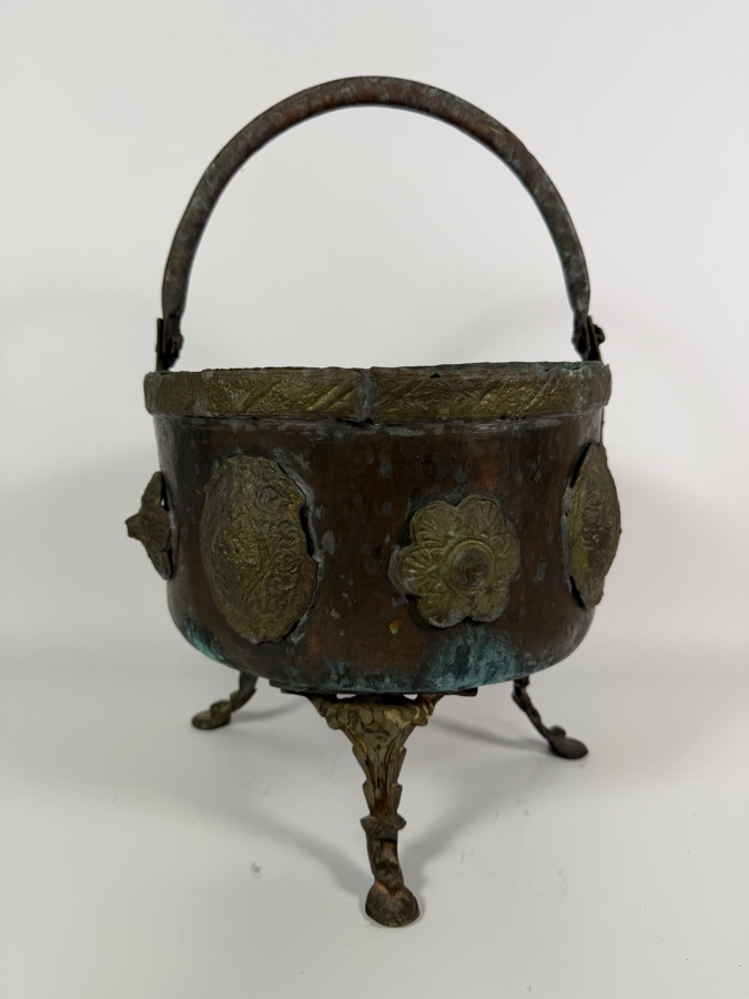 Antique Renaissance Revival Hammered Copper Lion Paw Footed Hearth Coal Hod Ash Bucket Kettle With Brass Repousse Medallions 10'W X 10'H [Photo 3]