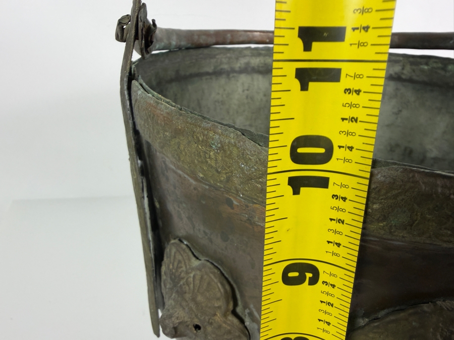 Antique Renaissance Revival Hammered Copper Lion Paw Footed Hearth Coal Hod Ash Bucket Kettle With Brass Repousse Medallions 10'W X 10'H [Photo 11]