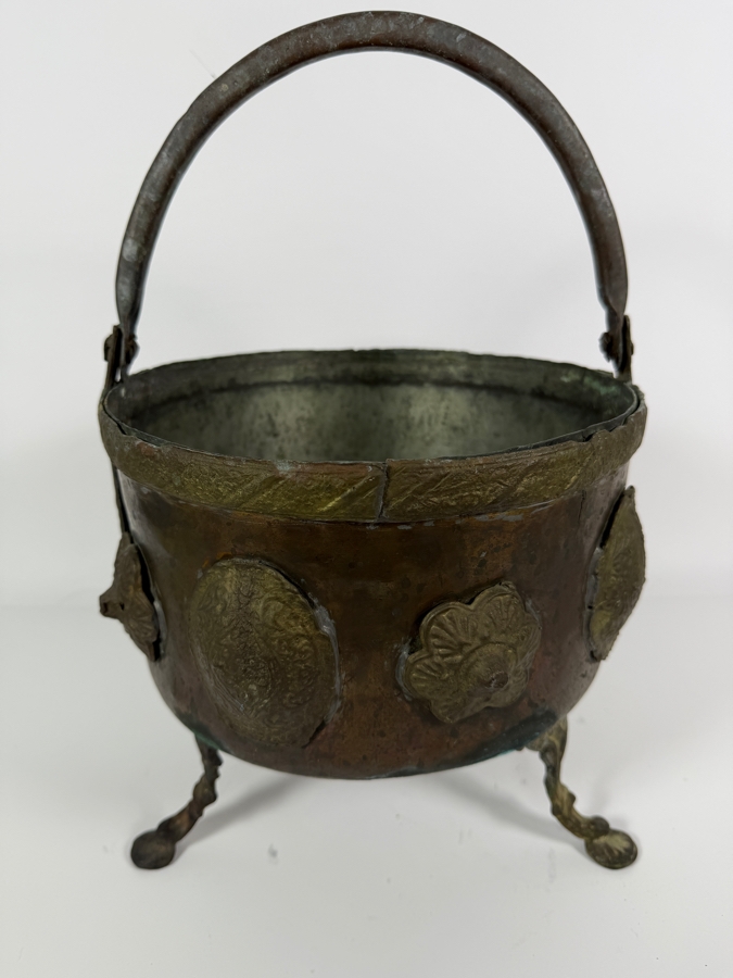 Antique Renaissance Revival Hammered Copper Lion Paw Footed Hearth Coal Hod Ash Bucket Kettle With Brass Repousse Medallions 10'W X 10'H [Photo 6]