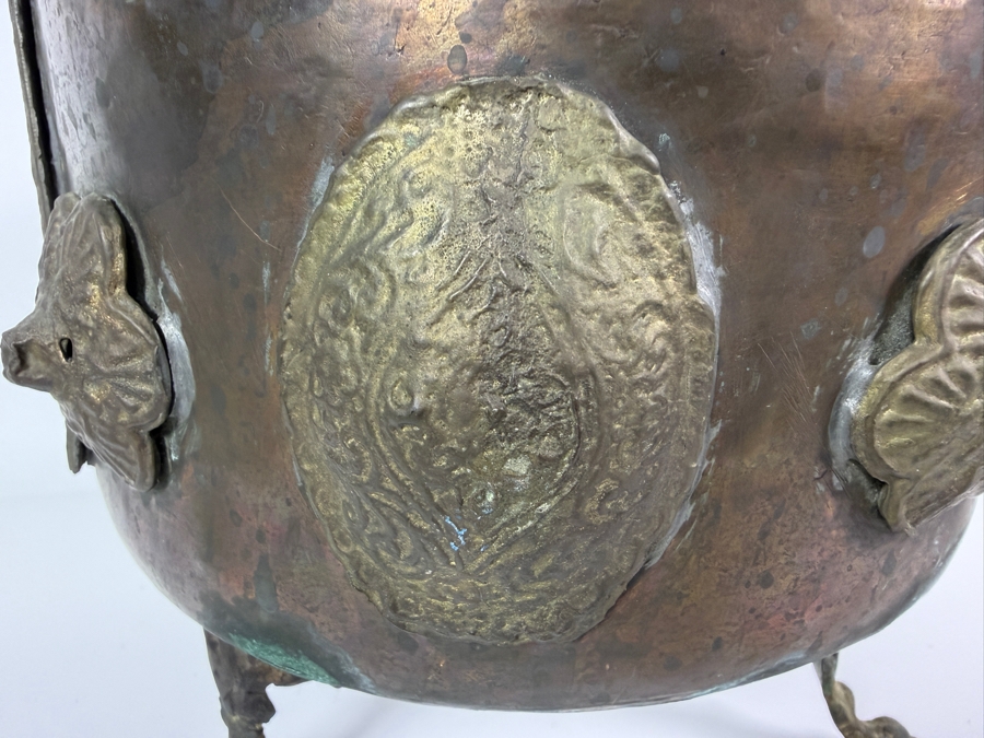 Antique Renaissance Revival Hammered Copper Lion Paw Footed Hearth Coal Hod Ash Bucket Kettle With Brass Repousse Medallions 10'W X 10'H [Photo 7]
