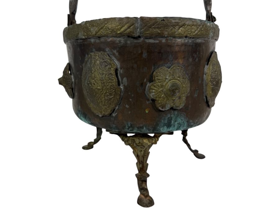 Antique Renaissance Revival Hammered Copper Lion Paw Footed Hearth Coal Hod Ash Bucket Kettle With Brass Repousse Medallions 10'W X 10'H [Photo 2]