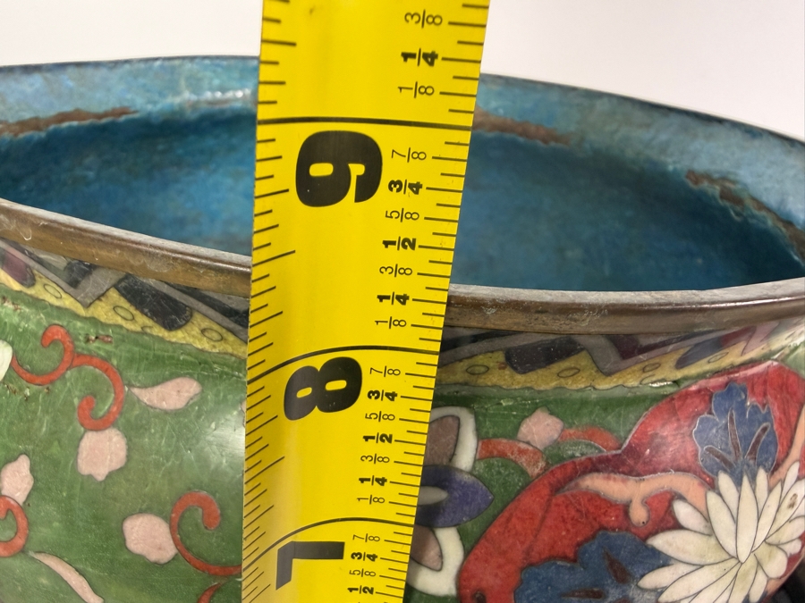 Vintage Asian Geometric Floral Cloisonne Enamel Shield Panel Dragon Jardiniere Cachepot On Carved Wood Stand With Damage - See Photos 11'W X 8.25'H [Photo 14]
