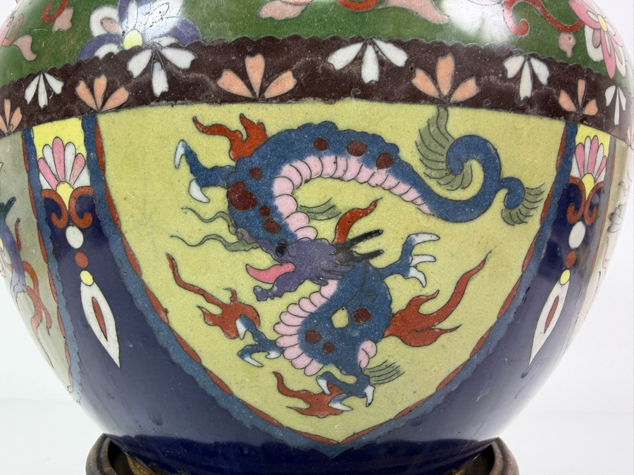 Vintage Asian Geometric Floral Cloisonne Enamel Shield Panel Dragon Jardiniere Cachepot On Carved Wood Stand With Damage - See Photos 11'W X 8.25'H [Photo 3]