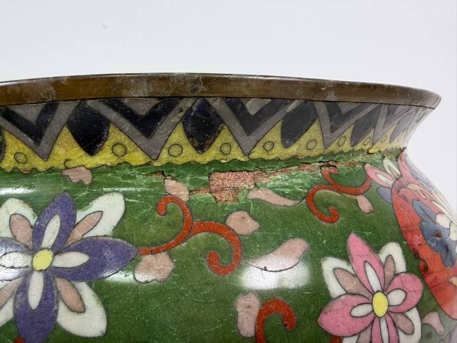 Vintage Asian Geometric Floral Cloisonne Enamel Shield Panel Dragon Jardiniere Cachepot On Carved Wood Stand With Damage - See Photos 11'W X 8.25'H [Photo 4]