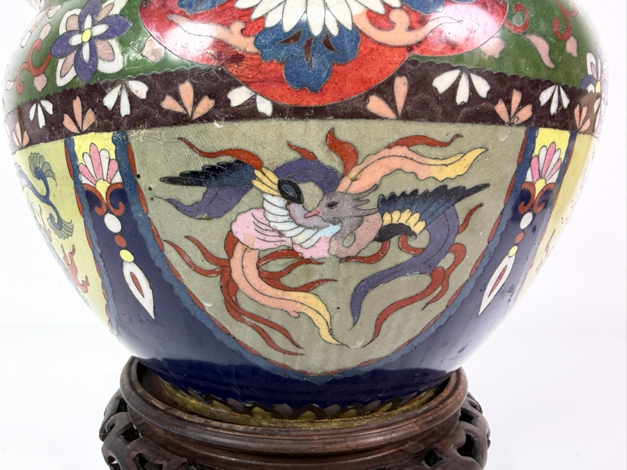 Vintage Asian Geometric Floral Cloisonne Enamel Shield Panel Dragon Jardiniere Cachepot On Carved Wood Stand With Damage - See Photos 11'W X 8.25'H [Photo 7]
