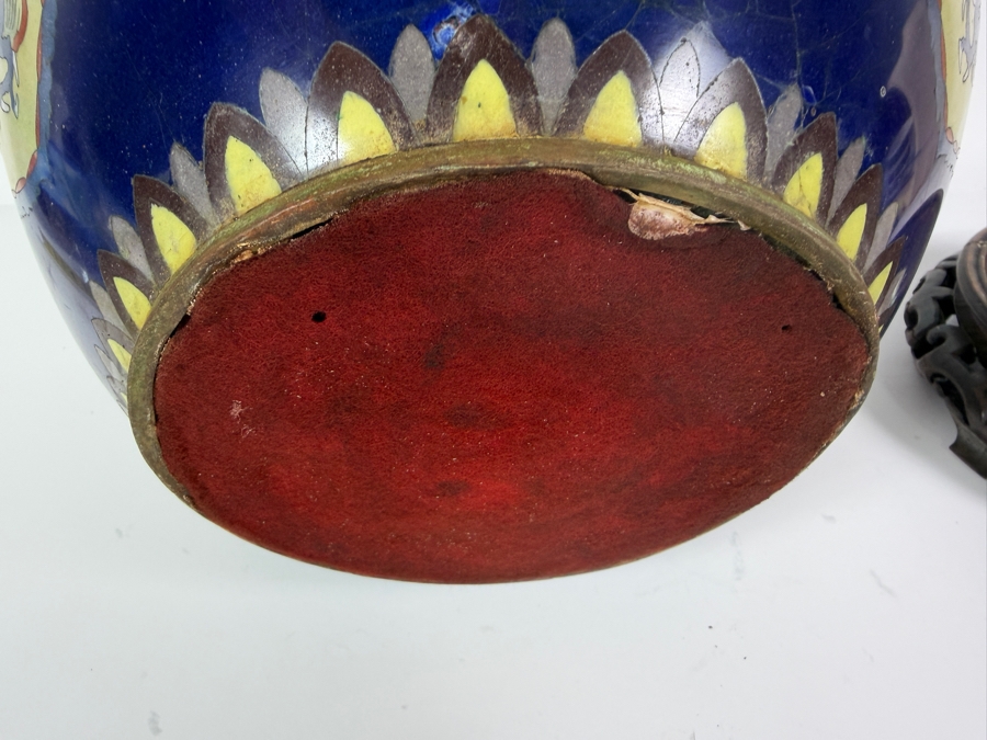Vintage Asian Geometric Floral Cloisonne Enamel Shield Panel Dragon Jardiniere Cachepot On Carved Wood Stand With Damage - See Photos 11'W X 8.25'H [Photo 13]