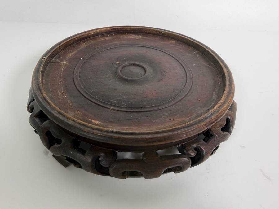 Vintage Asian Geometric Floral Cloisonne Enamel Shield Panel Dragon Jardiniere Cachepot On Carved Wood Stand With Damage - See Photos 11'W X 8.25'H [Photo 12]