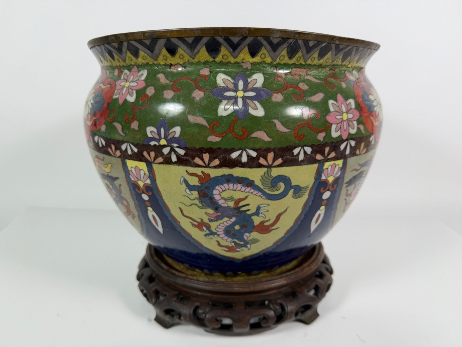 Vintage Asian Geometric Floral Cloisonne Enamel Shield Panel Dragon Jardiniere Cachepot On Carved Wood Stand With Damage - See Photos 11'W X 8.25'H [Photo 2]