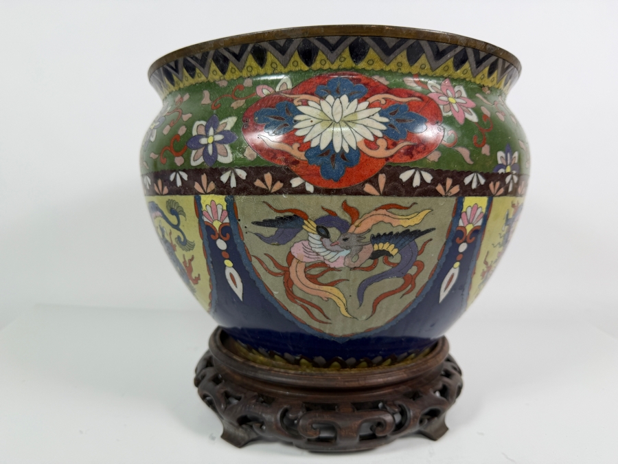 Vintage Asian Geometric Floral Cloisonne Enamel Shield Panel Dragon Jardiniere Cachepot On Carved Wood Stand With Damage - See Photos 11'W X 8.25'H [Photo 6]