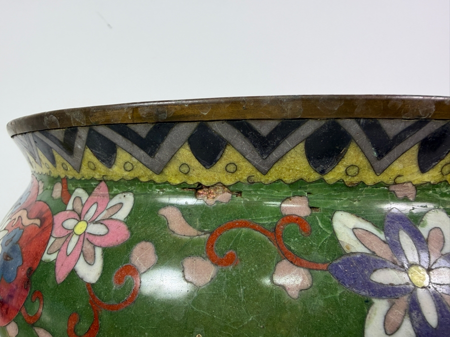 Vintage Asian Geometric Floral Cloisonne Enamel Shield Panel Dragon Jardiniere Cachepot On Carved Wood Stand With Damage - See Photos 11'W X 8.25'H [Photo 5]