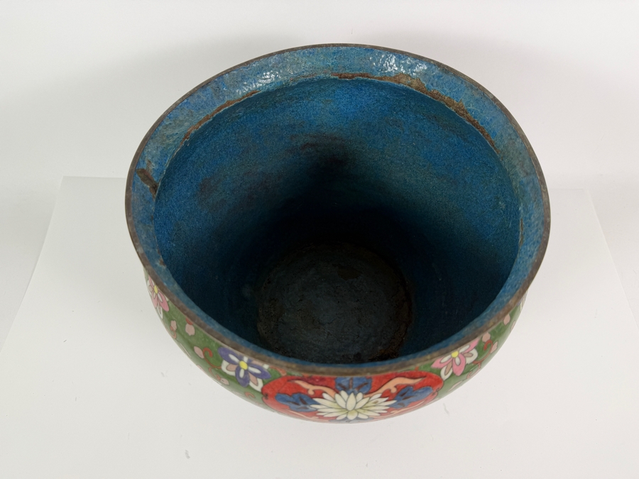 Vintage Asian Geometric Floral Cloisonne Enamel Shield Panel Dragon Jardiniere Cachepot On Carved Wood Stand With Damage - See Photos 11'W X 8.25'H [Photo 10]