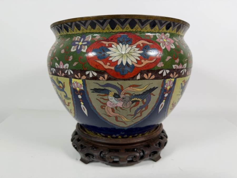 Vintage Asian Geometric Floral Cloisonne Enamel Shield Panel Dragon Jardiniere Cachepot On Carved Wood Stand With Damage - See Photos 11'W X 8.25'H [Photo 9]
